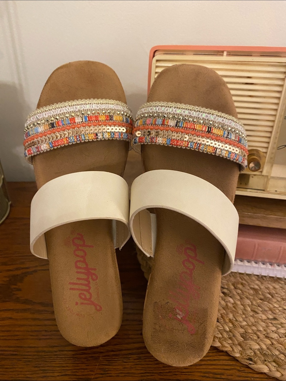 Jellypop White Slide Mules with Multicolor Beaded Straps